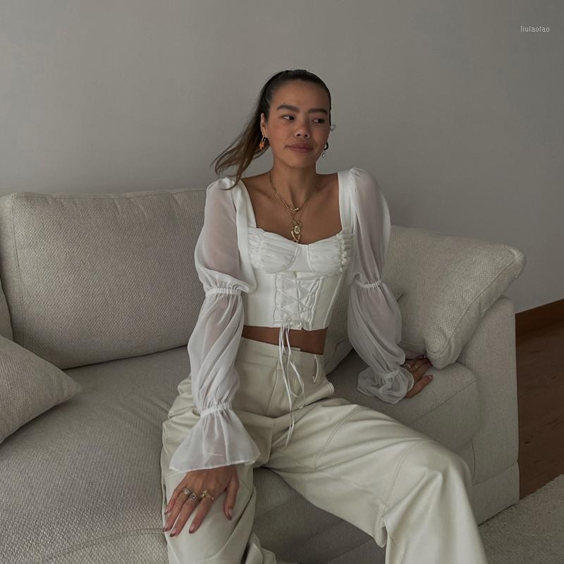

Women' Blouses & Shirts 2022 Autumn Puff Sleeve Vintage Women Long Square Neck Bandage Corset Crop Tops Sexy Elegant Female, White