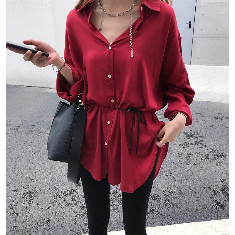 

Women's Blouses & Shirts Women Tops Long-sleeved Loose Chiffon Shirt In The Long Section Of Blouse, Red