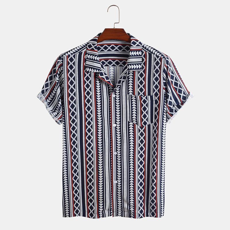 

Men's Casual Shirts Mens Striped Hawaiian Short Sleeve Button Turndown Collar Beach Men Business Ropa Camisa Masculina, Navy