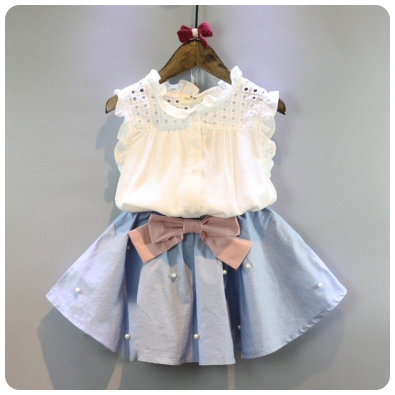 2-8 Years Kids Clothes for Girls The Bow Skirt and Lace Top Summer Suit Korean Style Children's Clothing Sets Baby Toddler Set Qwtsd-image-771101698