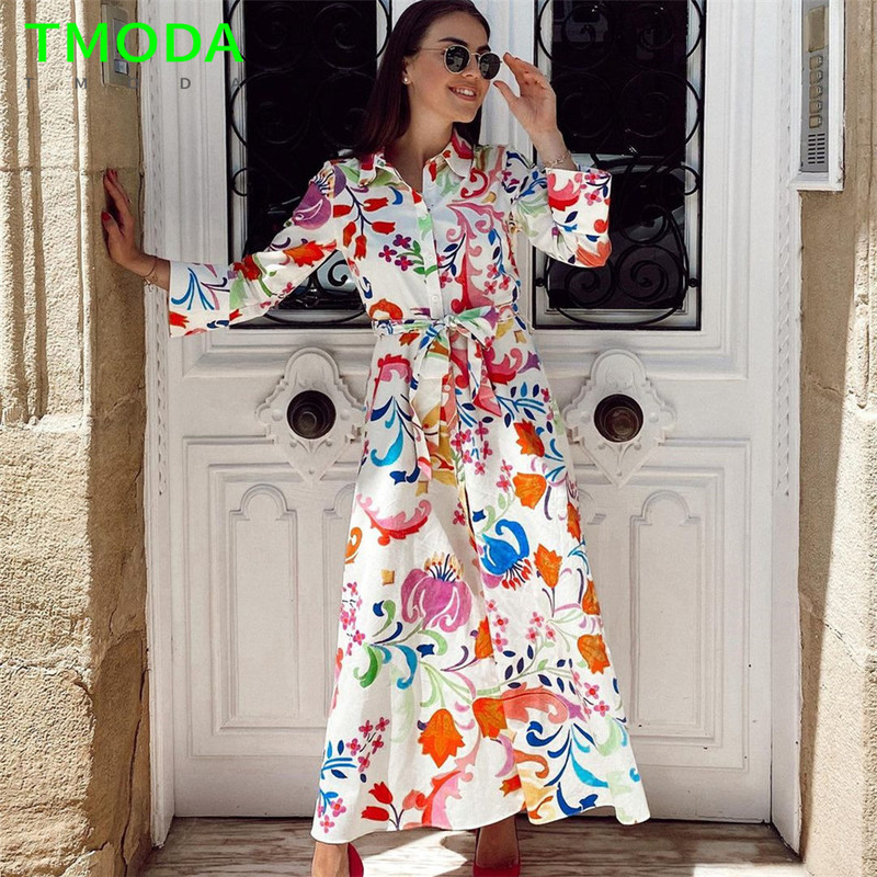 

TMODA1654 Summer Women Vintage Totem Floral Print Dress With Bow Female Sashes Midi Shirt Chic Casual Slim Vestido 220613, Red
