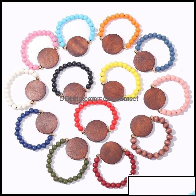 

Key Rings Jewelry Factory Wholesale Beads Stretch Bracelet Personalized Laser Monogram Blank Disc Wooden Braceletlad Dhduw
