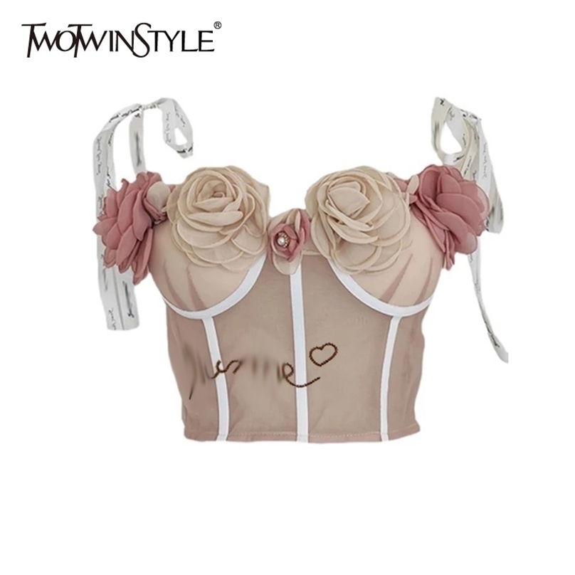 

TWOTWINSTYLE Patchwork Flower Vests For Women Square Collar Sleeveless Slimming Hit Color Camis Females Summer Clothing 220318, Apricot