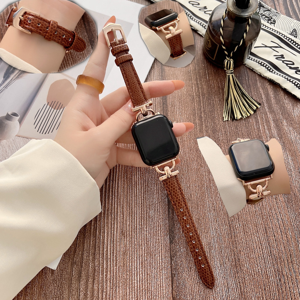 

Designer Slim Strap With Embossed Pattern For Apple Watch Band 45mm 42mm 38mm 40mm 44mm Iwatch 3 4 5 7 41mm Bands Metal Connector Rose Gold Buckle Leather Ladies Women