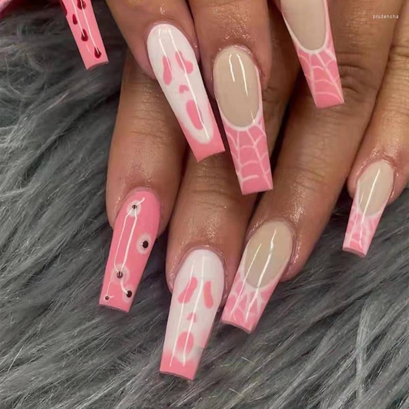 

False Nails 24pcs/Box Pink Ghost Ballerina With Design French Coffin Fake Press On Detachable Manicure Nail Tips Prud22, 01