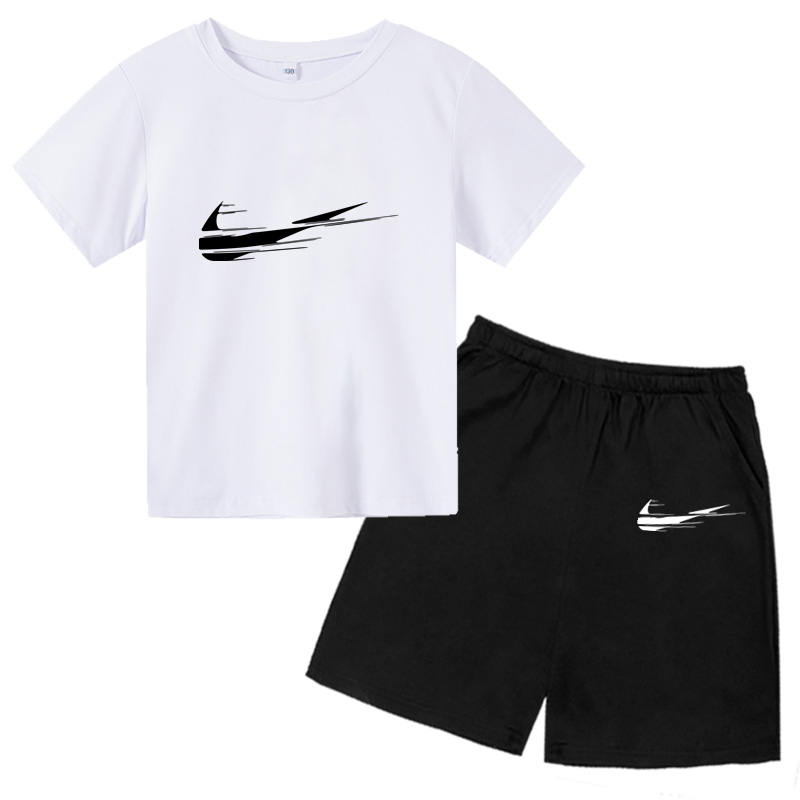 

2022 Summer New Fashion Print Children's Clothing O-Neck T-shirt + Shorts 2-Piece Set Cotton Kids Suit Boy Girl Baby 4-14 Years, Gray.white