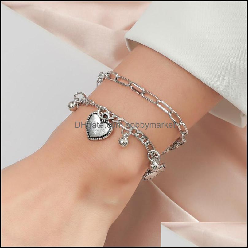 

European And American Retro Hip Hop Round Bead Love Heart Double Layer Bracelet Female Unique Design Thai Sier Light Luxury Link Drop Deliv