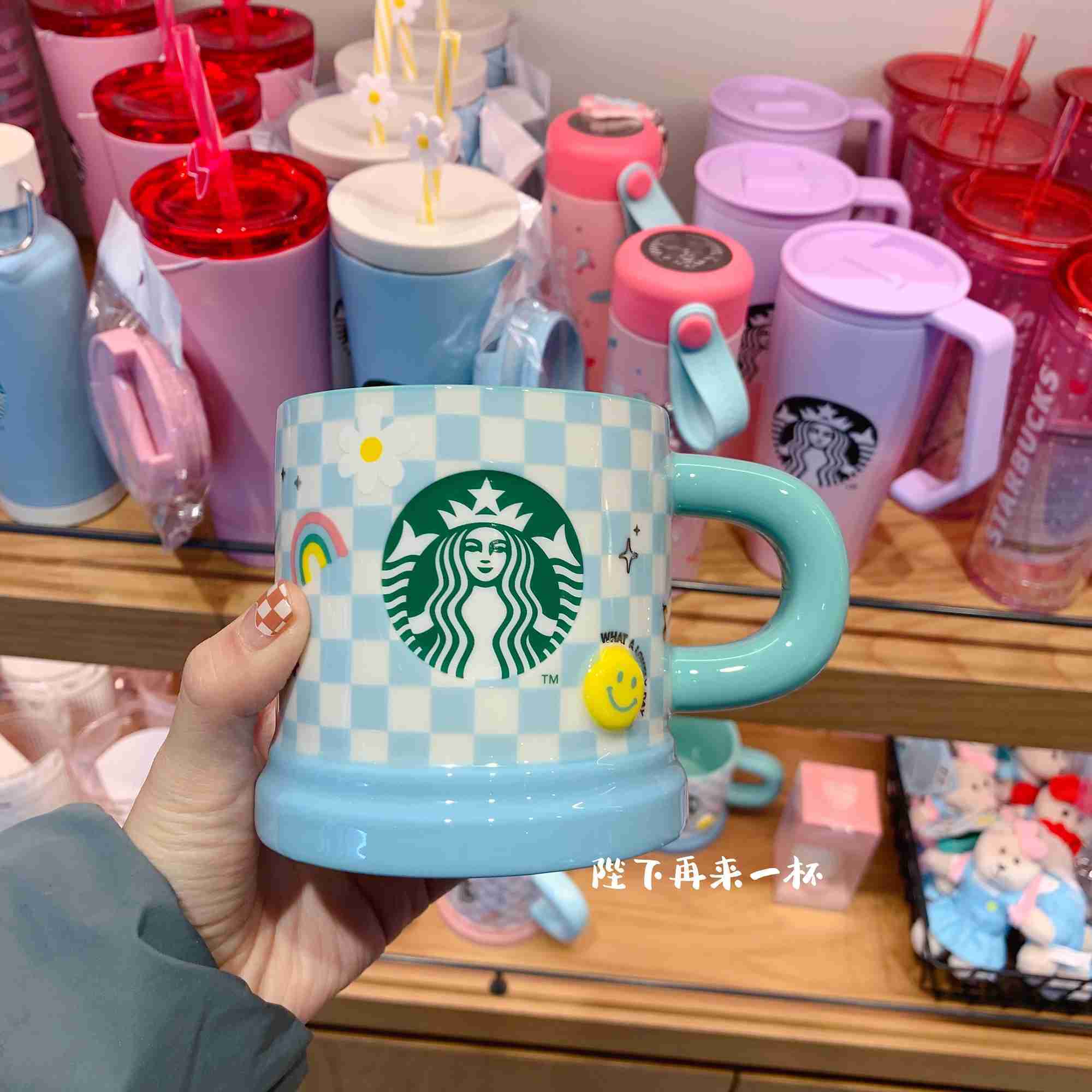 South Korea Starbucks cup 2022 Valentine's Day lattice smiling face green Mug 355ml-image-760944452