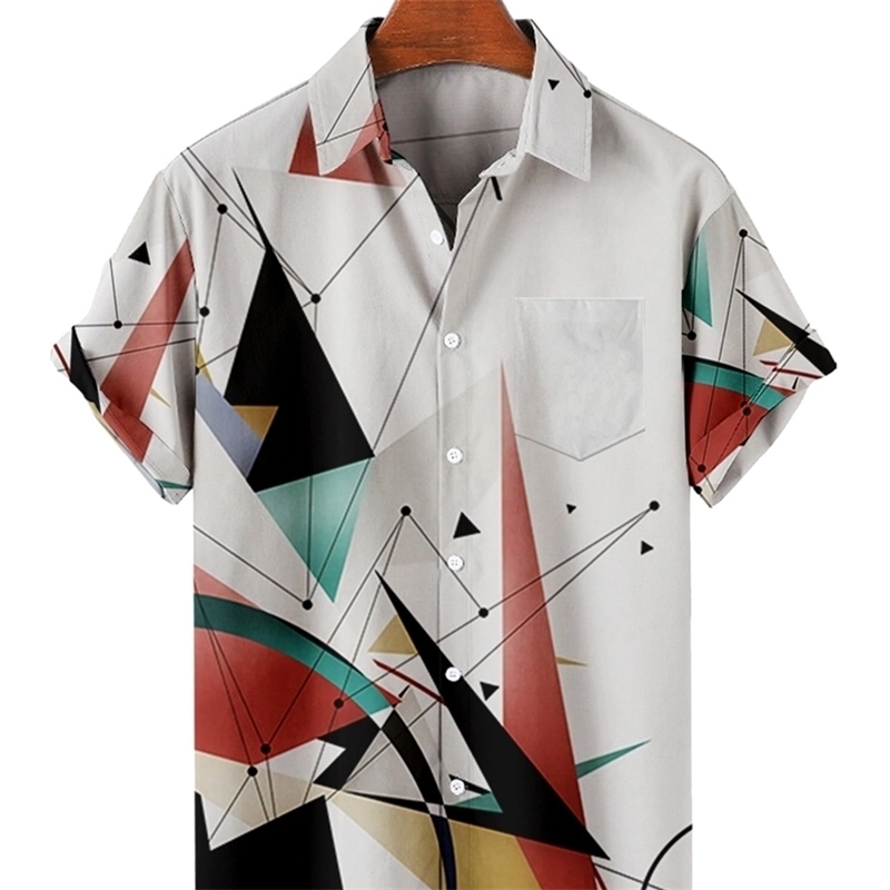 

Mens Short Sleeve Lapel Shirt Large Size Geometry 8 3D Printed with Pockets 220527, 20