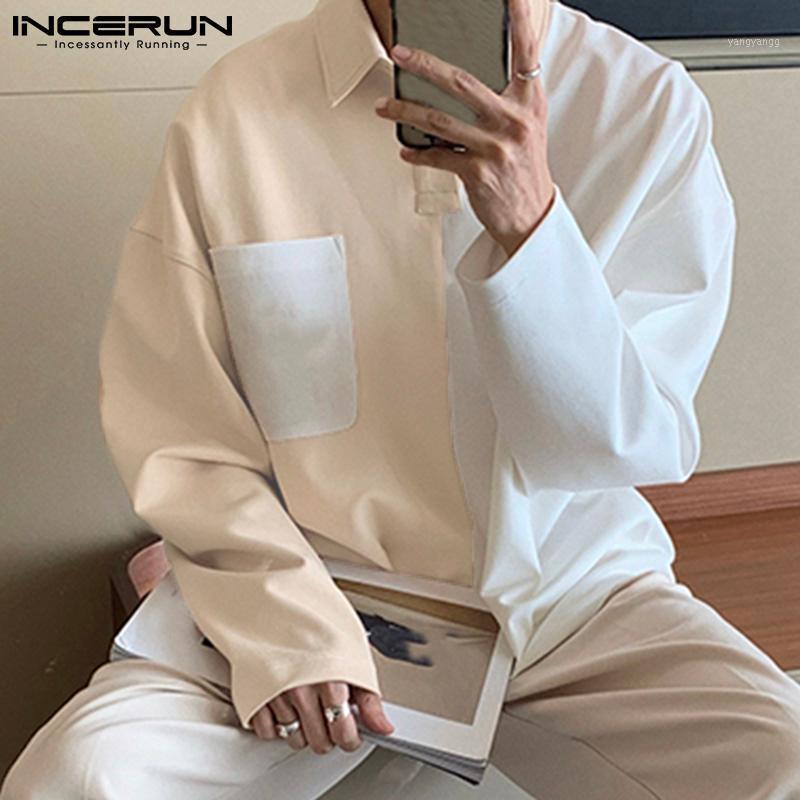 

Spring Long Sleeve Pockets Blouse INCERUN Men Casual Patchwork Shirt Korean Male Turn Down Collar Loose Blusas Streetwear -3XL Men' Shirts, Beige