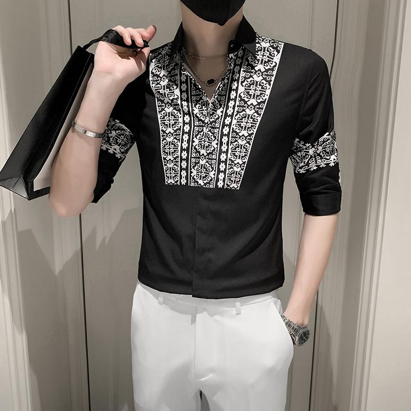 

Men's Casual Shirts 4XL-M Plus Size Summer Fashion Spliced Design Half Sleeve Floral For Men Clothing 2022 Slim Fit Tuxedo Dress SaleMen's, Black