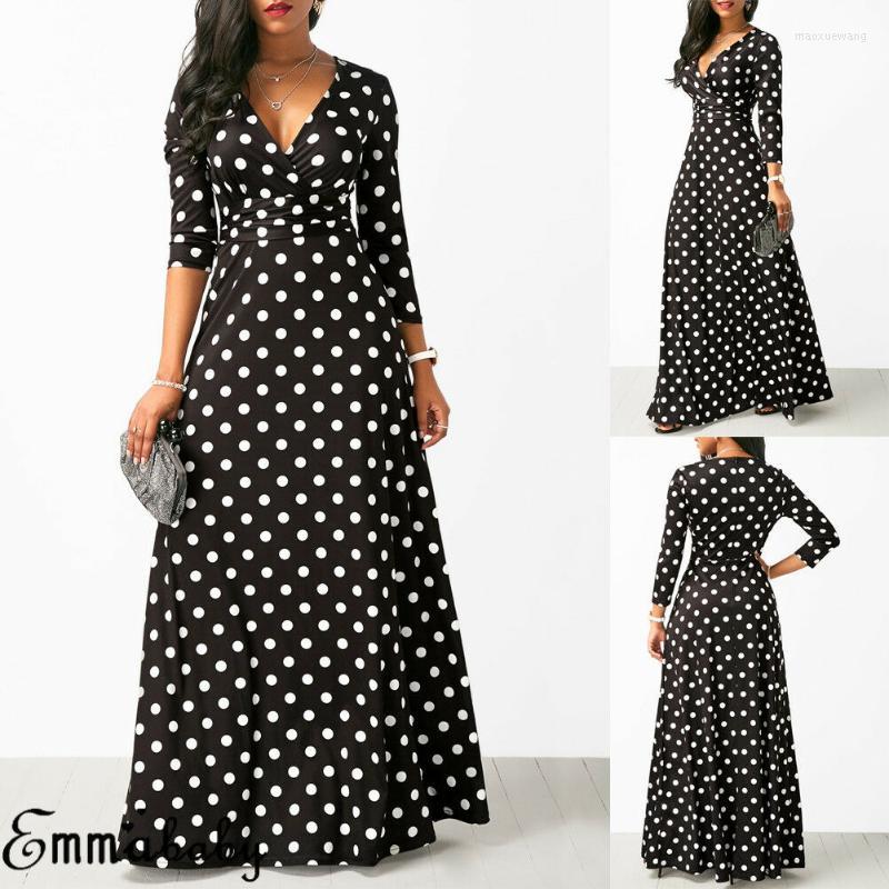 Robes décontractées Est femmes col en V profond manches longues Sexy à pois Maxi robe dames fête cultivée DressCasual