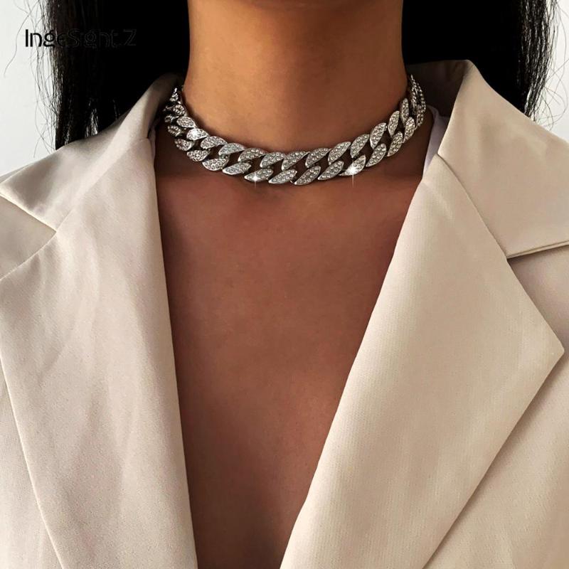 

Chains Punk Hip Hop Full Iced Out Rhinestone Miami Curb Cuban Choker Necklace Adjustable Crystal Chain Necklaces For Women Neck JewelryChain
