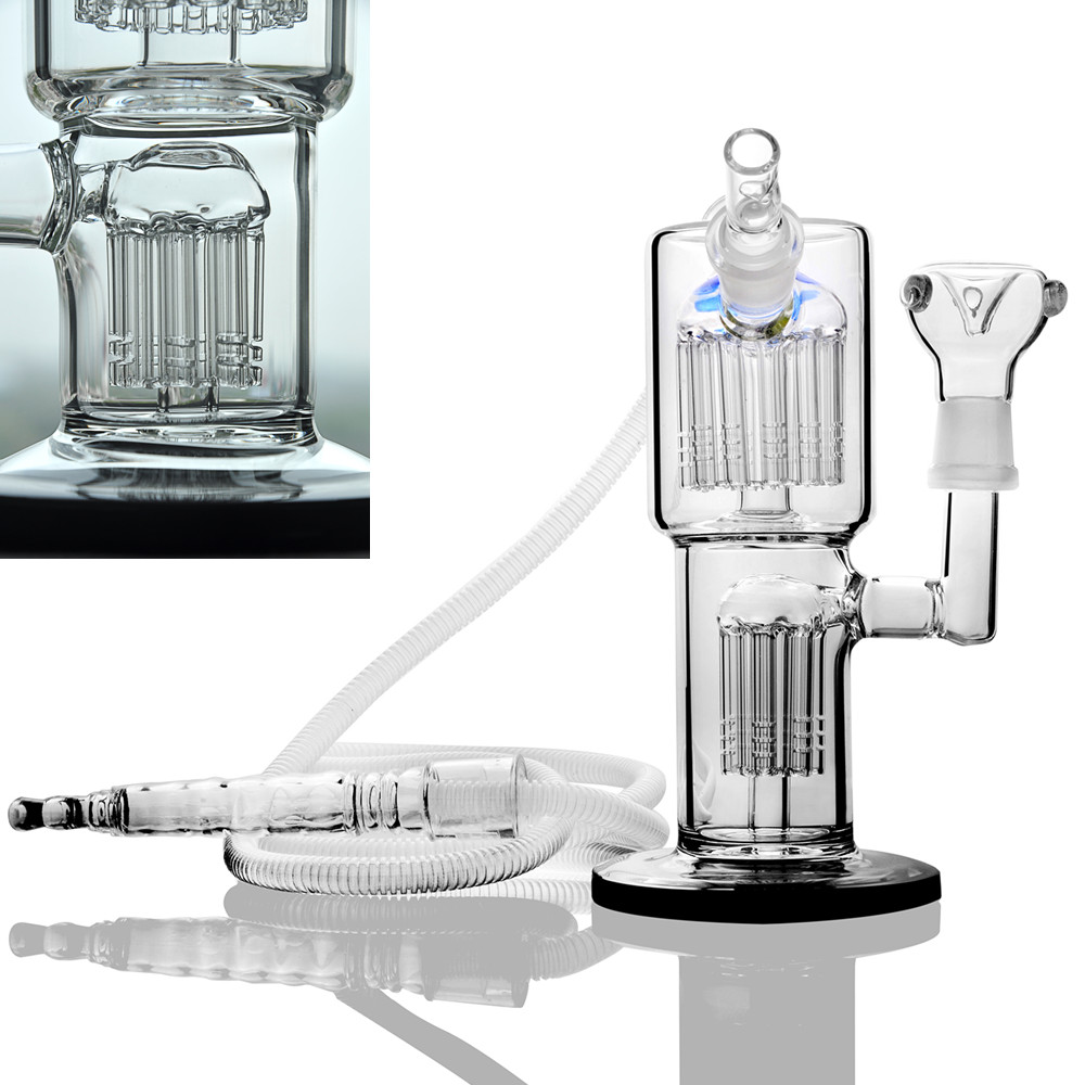 

Glass Hookah Bongs with Arm Tree Perc Double Chamber Water Pipe Bubbler with Tire Recycler Dab Rigs 18 mm Joint