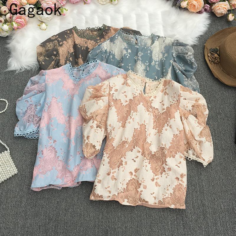 

Women's Blouses & Shirts Gagaok French Ladies 2022 Summer Casual Vintage Printing Lace O-Neck Puff Sleeve Contrast Color Korean Fashion Tops, Pink flower on blue
