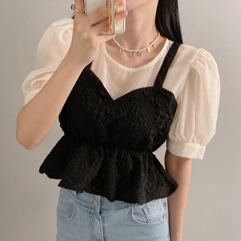 

Women's Blouses & Shirts Korean Chic Summer Retro Wild Round Neck Mesh Stitching Fake Two-piece Wrinkled Short-sleeved Ruffled Shirt WomenWo, Beige