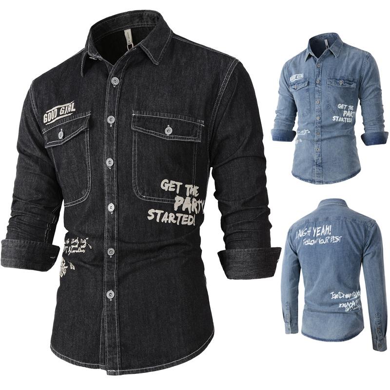 

Men's Casual Shirts Spring Streetwear Fashion Men Long Sleeve Cotton Denim Hombre Printed Designer Hip Hop Camisa MasculinaMen's, Black