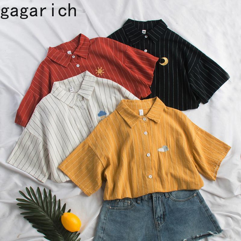 

Gagarich Women Summer Shirt Striped Embroidered Female Student Korean Style Retro Short-Sleeved Loose Blouse Tops Women's Blouses & Shirts, Red