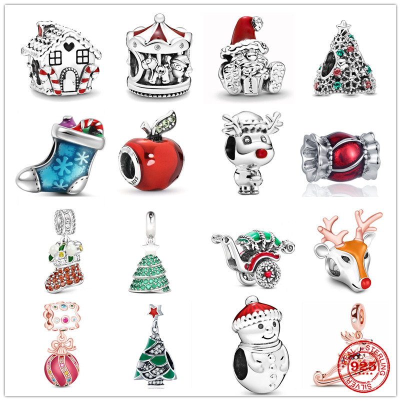 925 Argent Fit Pandora point Perle Glitter Arbre De Noël Renne Bonhomme De Neige Sweet Home Charmes Bracelet Charme Perles Dangle DIY Bijoux Acce