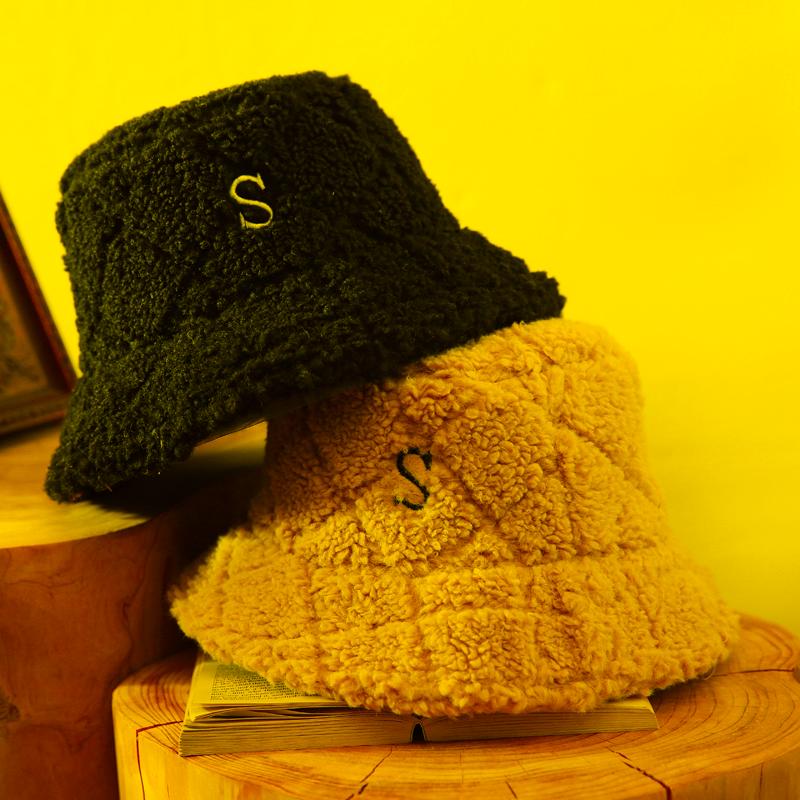 

Berets Lamb Wool Letters Embroidered Small-brimmed Fisherman Hat Solid Color Warm Plush Basin In Autumn And WinterBerets, Black