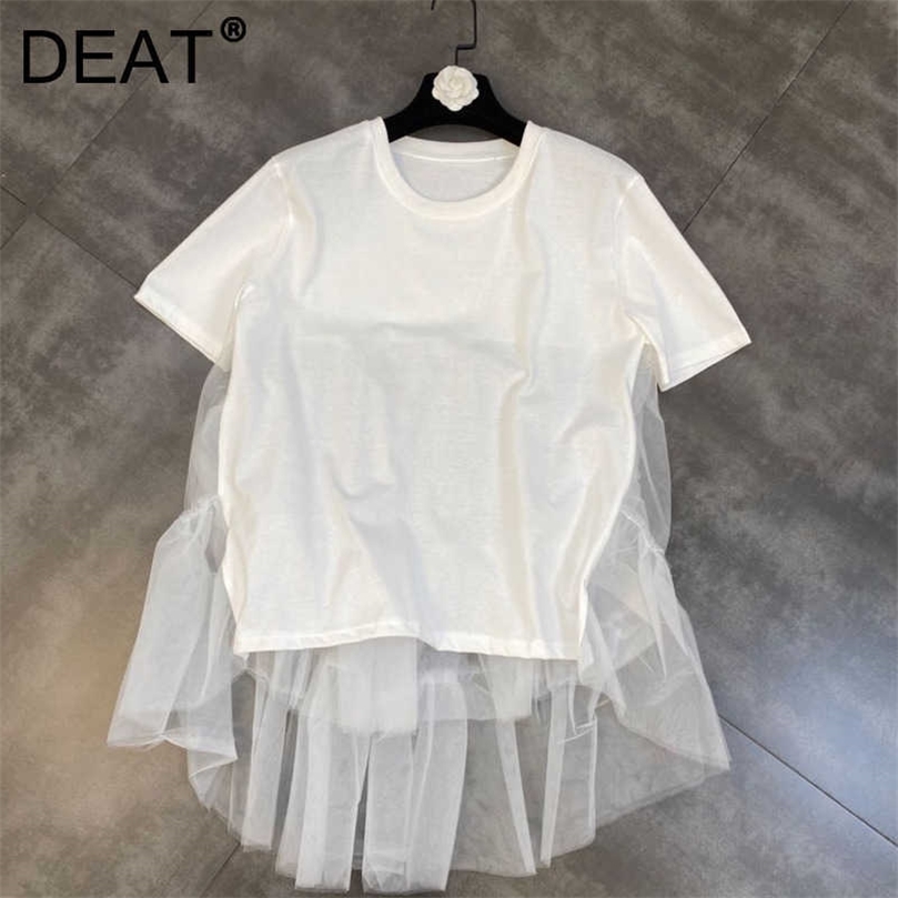 

DEAT Women Stitching Cake Layer Organza T-shirt Solid Color Round Neck Short Sleeve Fashion Spring Summer 11D1500 210709, Black