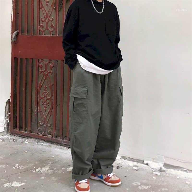 

Spring Autumn Harajuku Cargo Pants Men's Overalls Vintage Casual Streetwears Unisex Wide Leg Straight Loose Clothing, Black