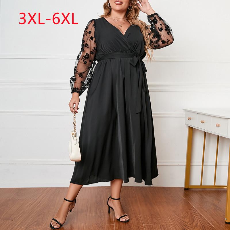 

Plus Size Dresses Large Women's Clothing 2022 Fashion Long Sleeve Loose Lace Transparent Dress 3XL  5XL 6xlPlus, Black