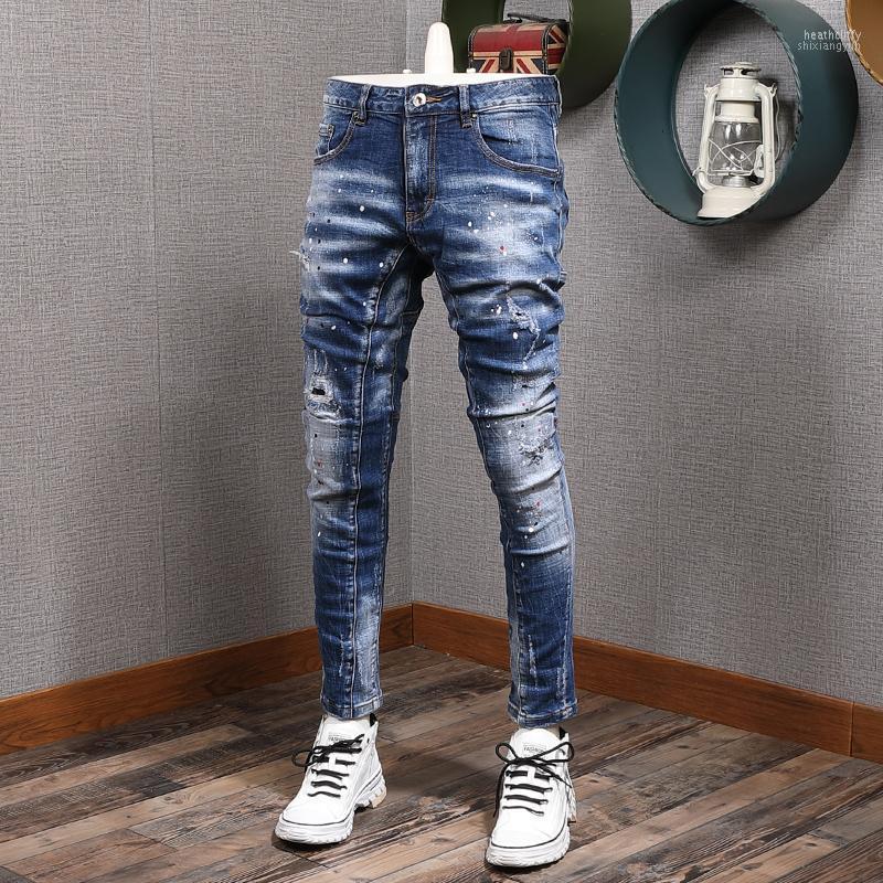 

Men's Jeans Blue Holes Autumn For Slim Fit Small Feet Trend Stitching Old Patch And Splash Denim Men Moda Hombre 2022 Heat22