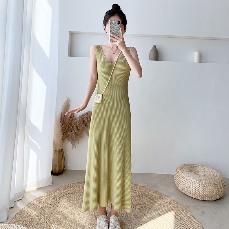 

Summer ice silk knitted suspender dress women' spring and autumn thin style with medium and long sleeveless vest skirt, Khaki