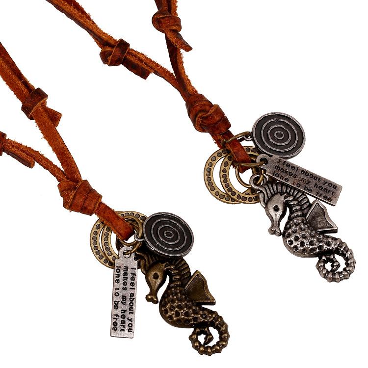 

Pendant Necklaces Selling Fashion Jewelry Necklace Sweater Chain Hippocampus Retro First Layer Cowhide Genuine Leather NecklacePendant