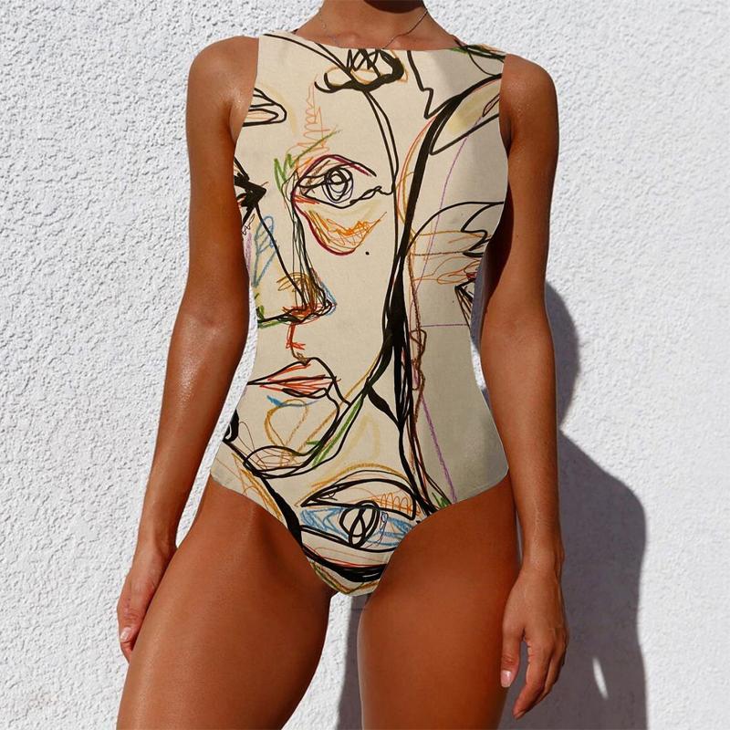 

Women's Swimwear Swimsuit Women One Piece Graffiti Abstract Print Bathing Suit Backless Bodysuit Brazilian MonokiniWomen's, White