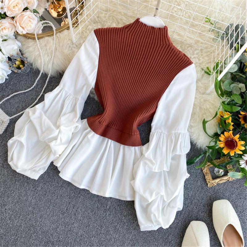 

Women' Sweaters Fake Two-Piece Tops Slim Fit Lantern Sleeved Shirt Tide Turtleneck Pullovers Sweater Women' Knit PatchworkWomen' Jemi, Photo1