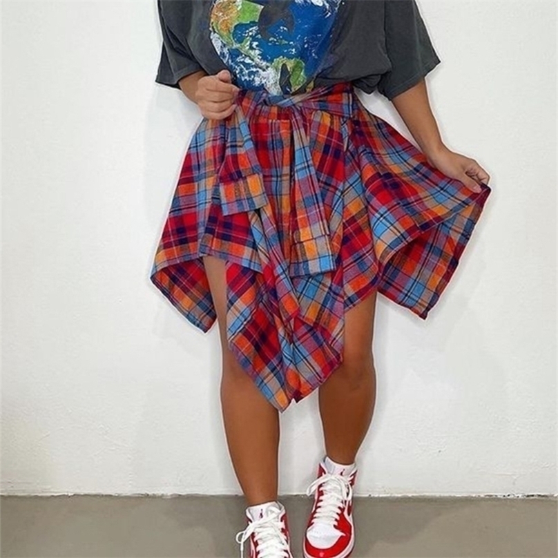 

CM.YAYA Women Plaid Irregular High Waist Knee Length Skirts Summer Holiday Streetwear Lace Up Skirt 220418, Green