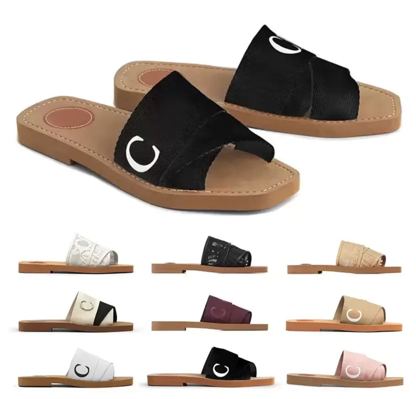 

2022 designer canvas slippers Women Woody Mules flat sandals rubber slides white black pink Sail bordeaux lace Lettering Fabric womens summer outdoor shoes, Color#8