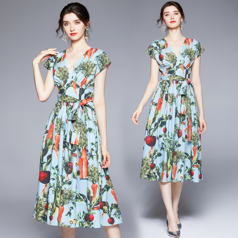 

2022 Short Sleeve Floral Party Dress Summer Woman Designer Sexy V-Neck Holiday Prom Bow Lace Up Vintage Dresses Runway Women Clothes Loose Big Swing Beach Midi Frock, Green