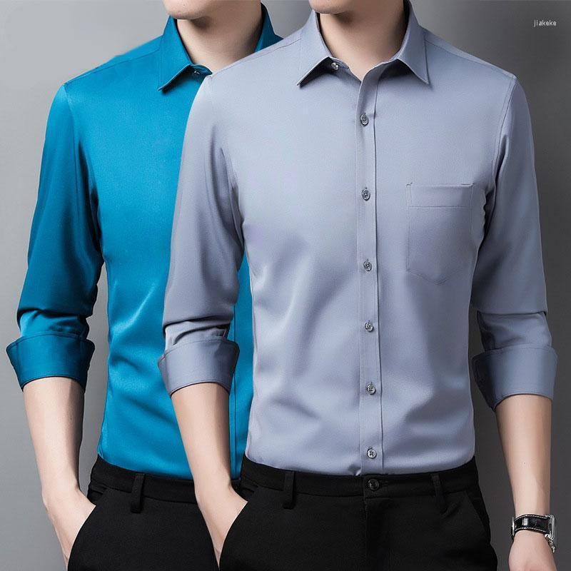 

Men's Dress Shirts Men Business Shirt Solid Color Fashion Casual Slim White Long Sleeve Male Brand Clothes Elastic Anti-wrinkle Non-iron, Black