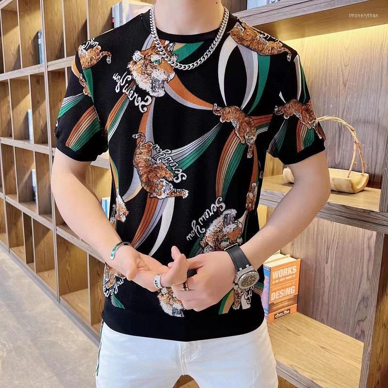

Men's T-Shirts Summer Vintage Tiger Print T Shirt Men Short Sleeve Casual T-Shirt Ice Silk Hollow Round Neck Tee Tops Streetwear ClothesMen', Black