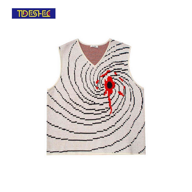 

TIDESHEC Harajuku Creative Bleeding Sweater Vest Streetwear Hip Hop Pullover V-neck Vest Sweater High Quality Sweater 211109, Beige