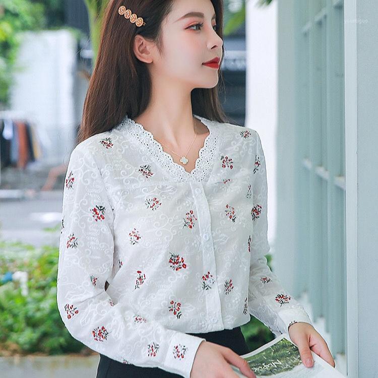 

Women' Blouses & Shirts Women Blouse Shirt Autumn Hollow Embroidery V-neck Long Sleeve Lace Stitching Blusas Ropa De Mujer, White
