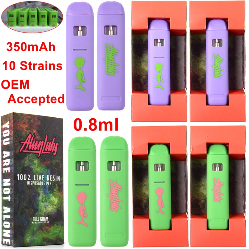 

Full Gram Box ALIENLABS Disposable Vape Pens Alien Labs Live Resin Device Pods 0.8ml Empty Carts 350mAh Battery Green Purple 10 Strains Stickers Rechargeable