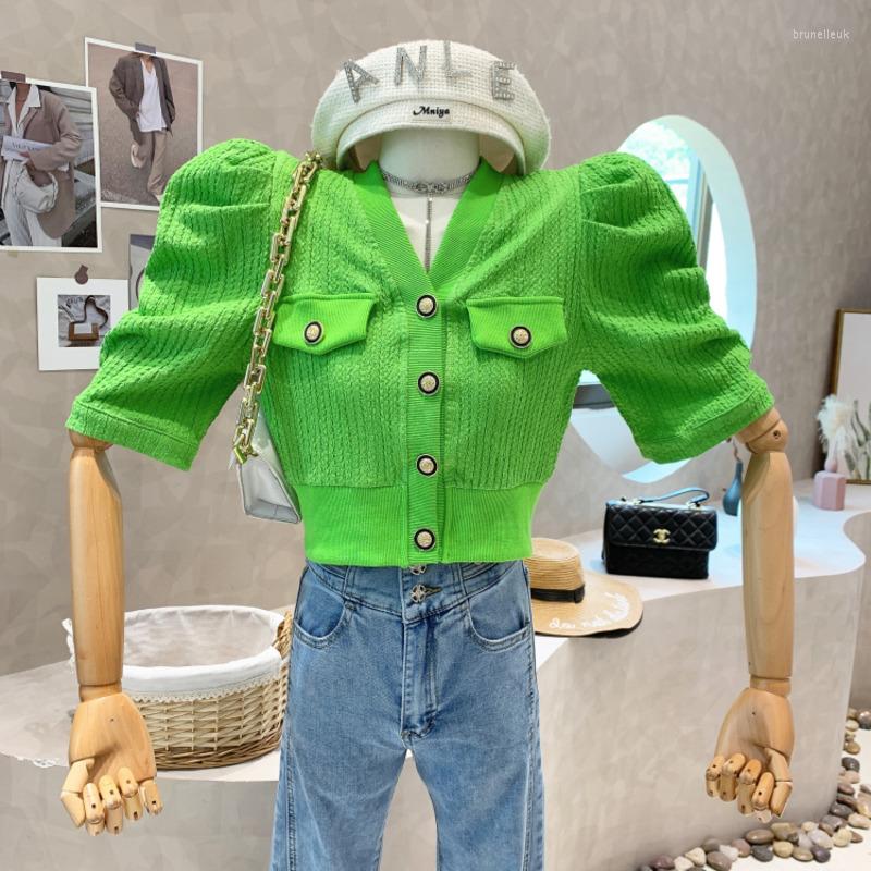 

Women's Knits & Tees Summer V-neck Cardigan Short Clothes Solid Slim Stretch Knitwear Single-Breasted Puff Sleeve Knitted Sweater TopsWomen', Green