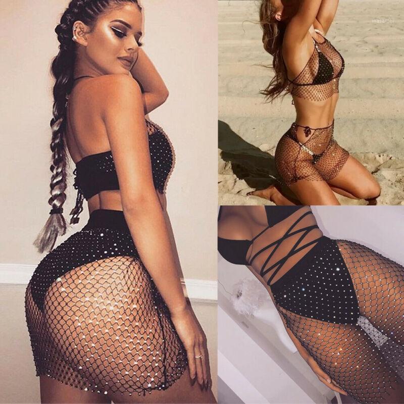 

Women Crystal Mesh Shiny Evening Party Cocktail Mini Skirt Bikini Cover Up Summer Fashion Sexy Hollow High Waist Clubwear Skirts