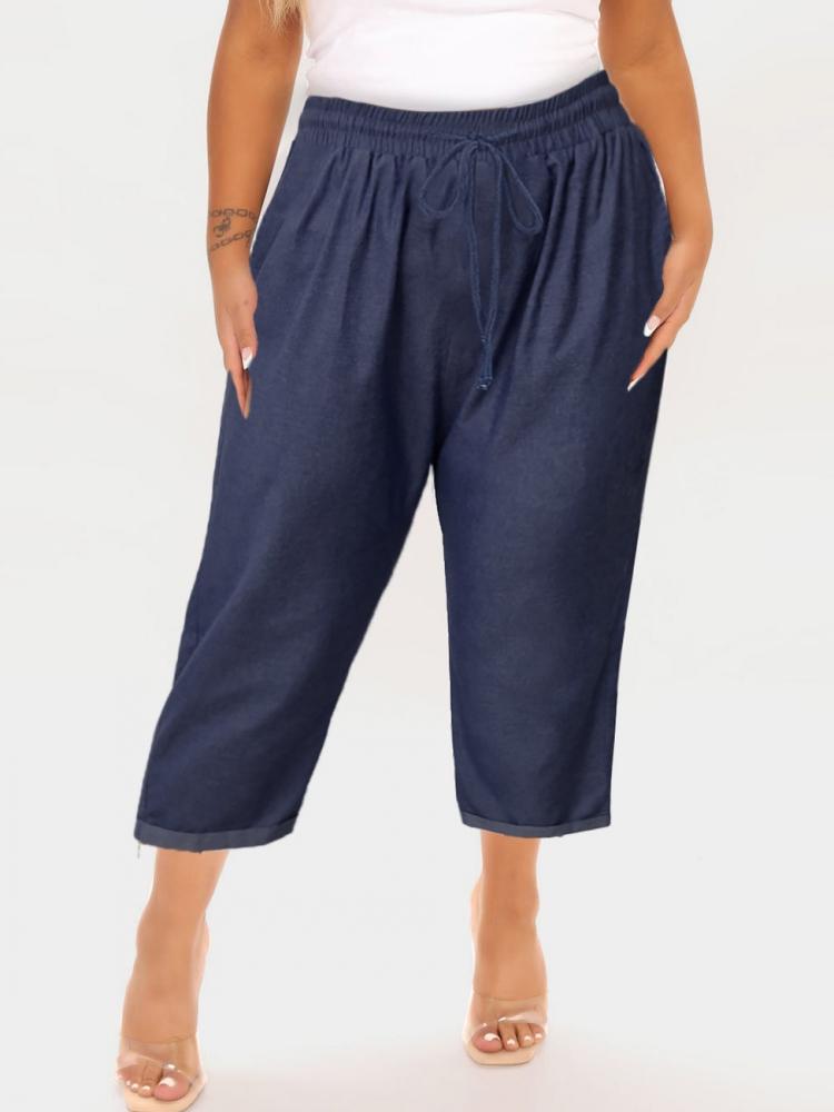 

Women's Plus Size Pants Denim Women Drawstring Mid Calf Length Trousers Summer Fashion Solid Loose Casual Oversize PantsWomen's, Navy blue