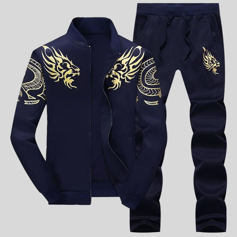 

Men's Tracksuits Piece Men Jacket Joggers Set Cool Pattern Stand Collar Zip-Up Coat Pockets Pants Autumn Suit Loose Male SweatsuitMen's, Dark blue1