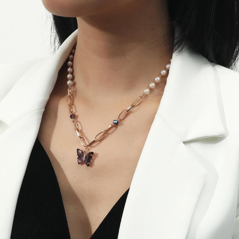 

Chains Dazzing Acrylic Purple Zircon Butterfly Pendant Personality Pearl Necklace Women Animal Korean Jewelry