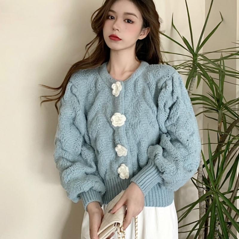

Women's Knits & Tees Women Hook Flowers Crocheted Loose Sweater Jacket Breasted Knit Cardigan Long-sleeved Single-breasted Crop Tops Sueter, Sky blue