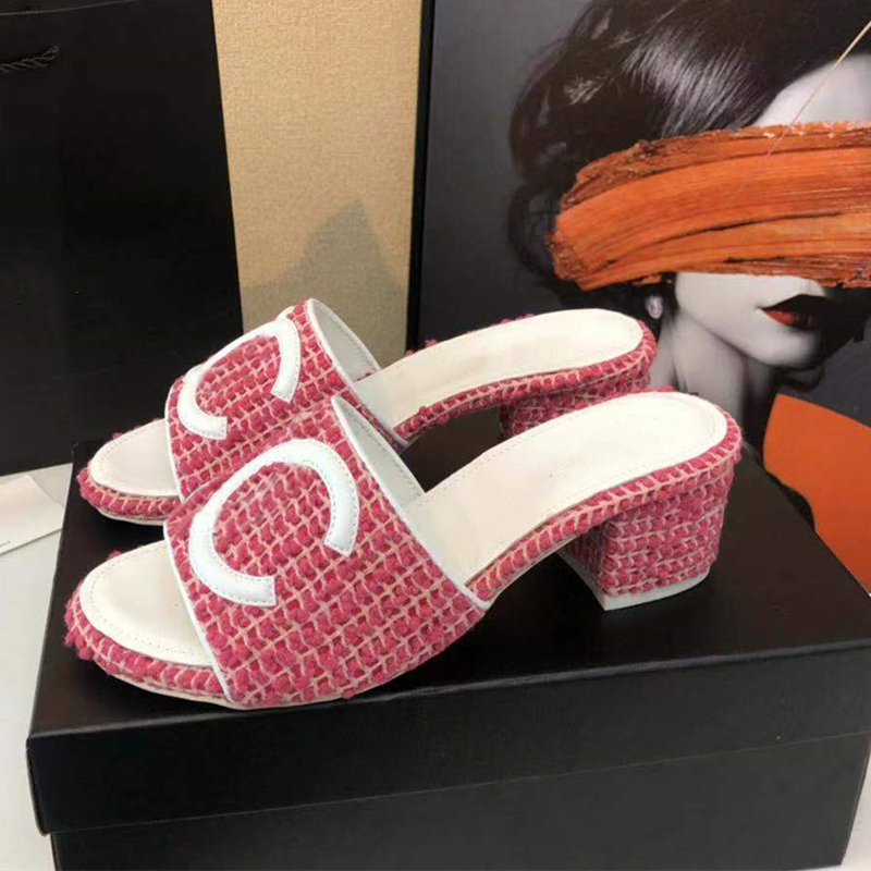 

2022SS Women Shoes Designers New Tweed Slippers Sheepskin Fabric Lining Comfortable High Heel Simple Sandals Calfskin Sewing Logo Shoes, White
