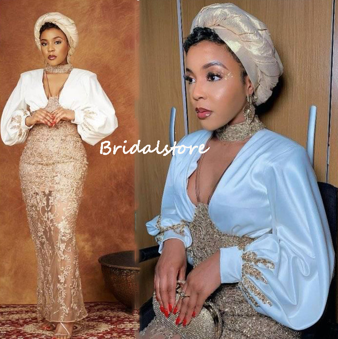 

Aso Ebi Lace Evening Dress Mermaid Nigerian Puff Sleeve Plus Size Black Girls Prom Dress 2022 V Neck Beaded Formal GownFor Special Occasion Party Wear, White