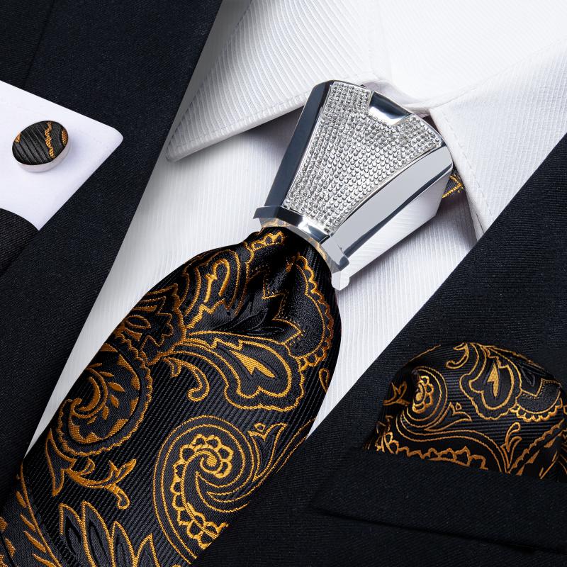 

Bow Ties Luxury Black Gold Paisley Mens Neck Tie Set 8cm Formal Wedding Silk Handkerchief Cufflinks Designer Buckle Gift For MenBow