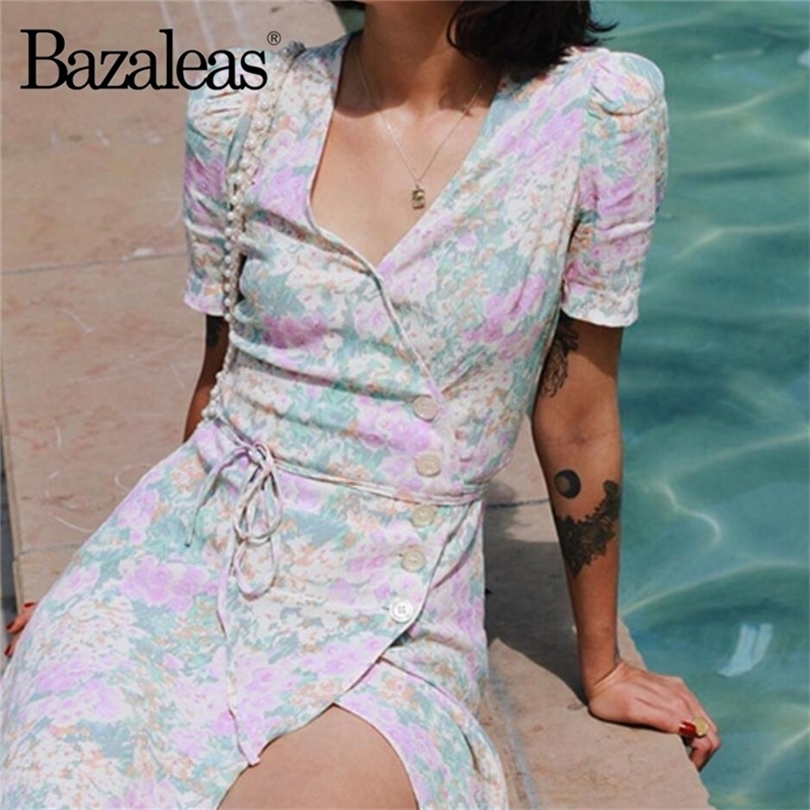 

Bazaleas Vintage Gabin wrap dress France pastel hydrang Print vestido Fashion fastening tie side Buttons women midi dress Casual T200603, 6311 green r40